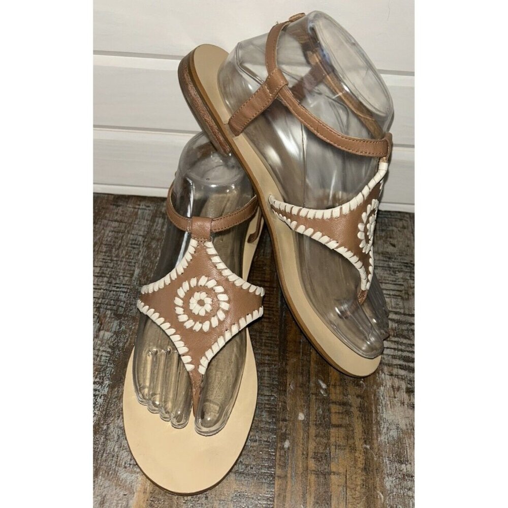 Jack Rogers Size 8 M Maci Cognac Bone Leather Sandals Buckle Ankle Strap Flat